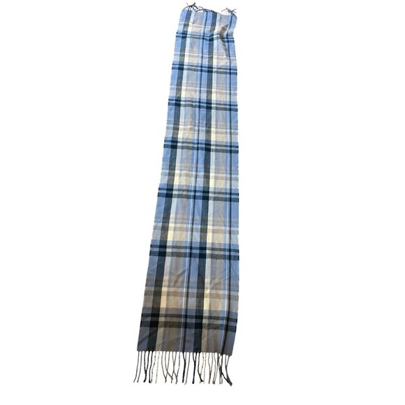 100% Cashmere Scarf Hand Tailored Blue & Gray Plaid 66" x 12" - Picture 2 of 5